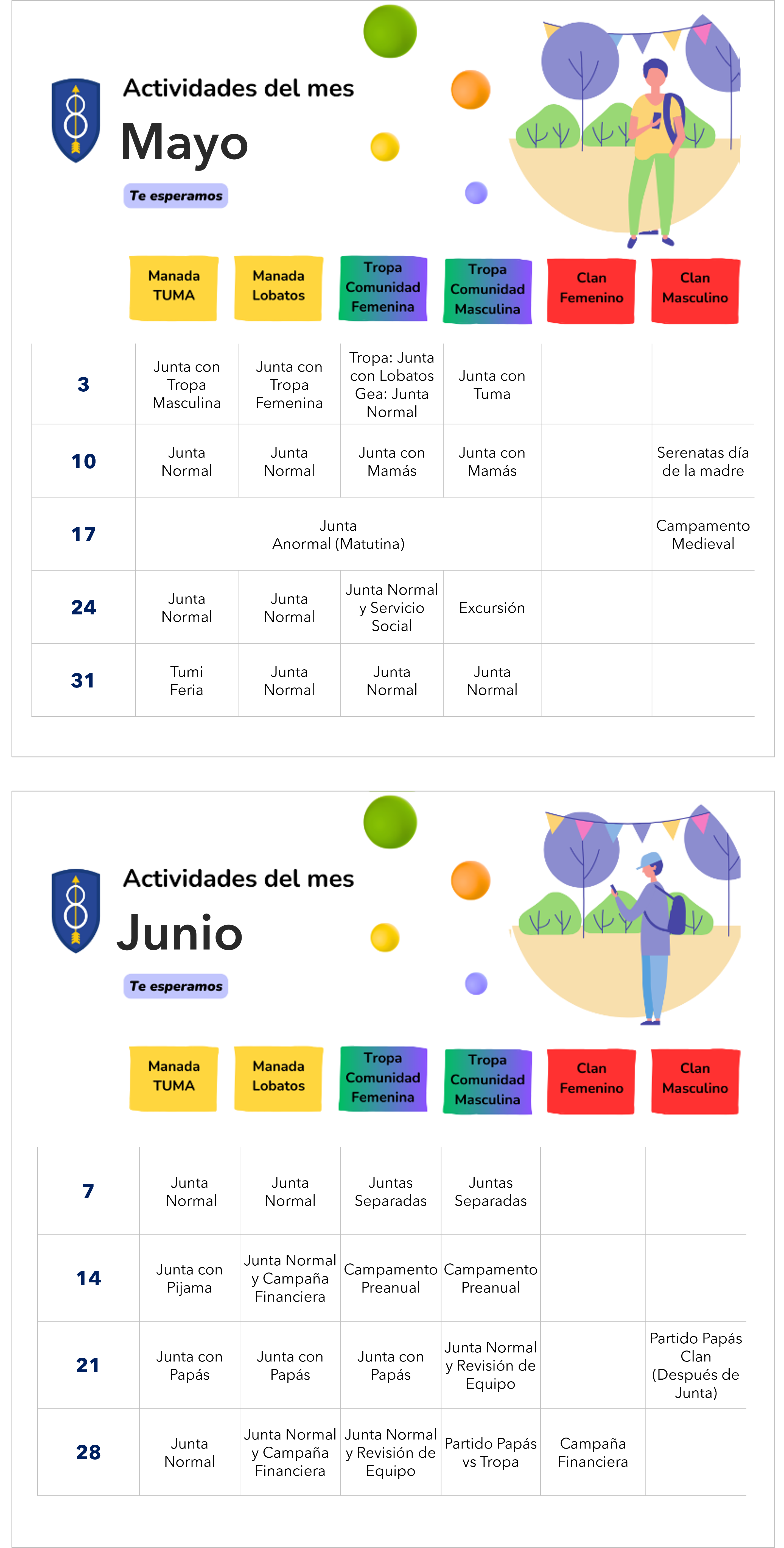 Calendario de Actividades de mayo y junio 2025| Grupo 8 BJ | Scouts de México
